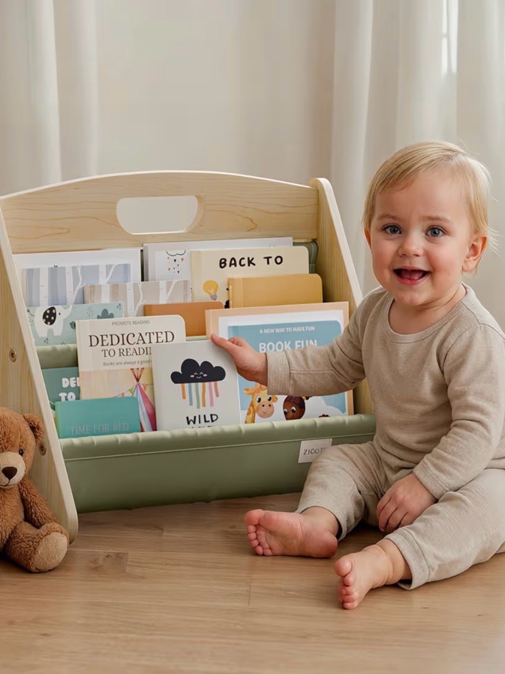 Nursery Children’s Book Organizer - Wooden with handle